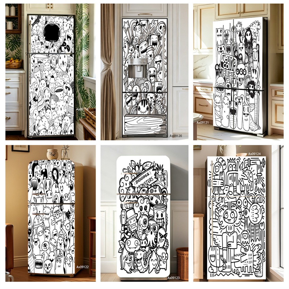 Full Cover Adhesive - Zwart-witte lijntekening doodle monster koelkaststicker volledig